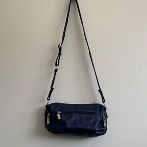 Elegant Navy Blue Shoulder Bag With Two Strap Options - Genuine Leather